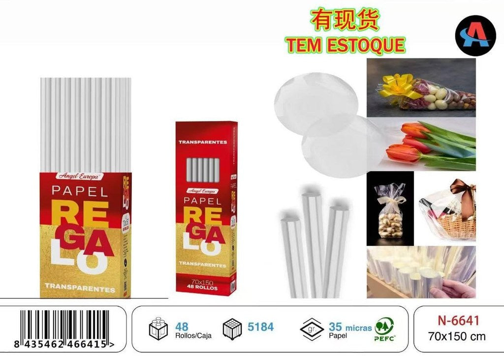 Pack 48 Rolos de Papel Celofane Transparente 70 x 150 Cm