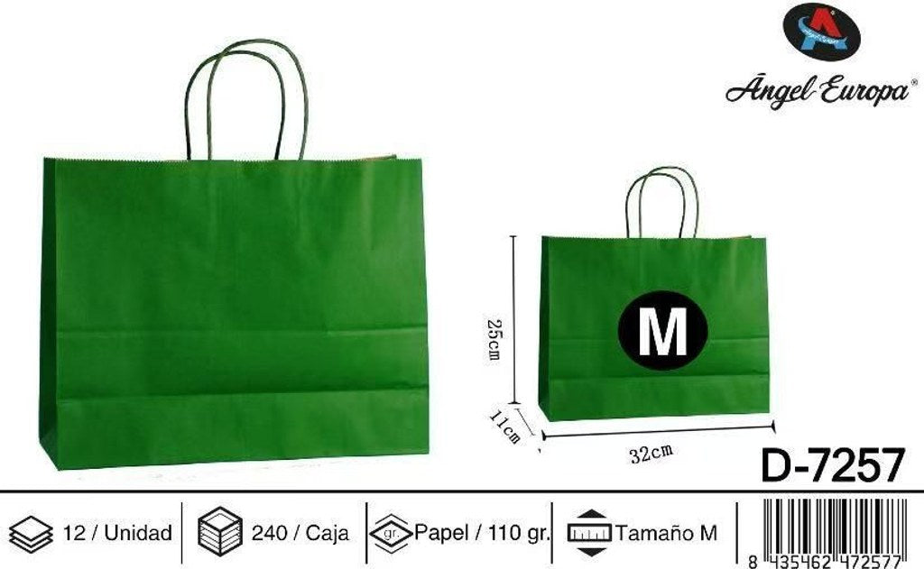 Pack 12 Sacos de Papel Horizontais Verde-Escuro M 32 x 25 x 11 Cm