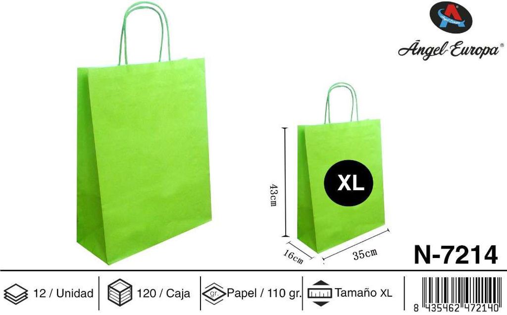 Pack 12 Sacos de Papel Verde-Claro XL 35 x 43 x 16 Cm