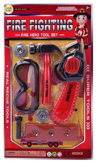 Conjunto Bombeiro Fire Fighting com Motosserra 37 x 21 Cm - Motosserra Vermelha