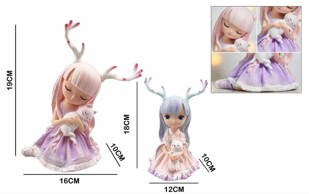 Figura Decorativa Menina com Chifres de Rena e Gatinho 10 x 16 x 19 Cm