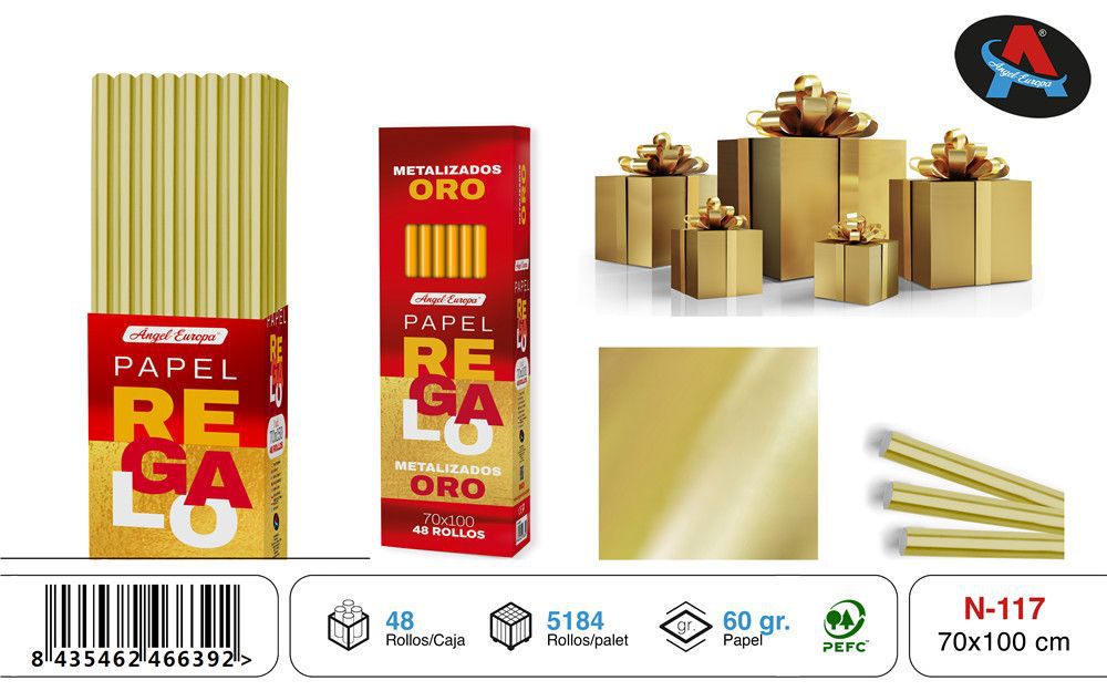 Pack 48 Rolos de Papel de Embrulho Metalizado Dourado 70 x 100 Cm