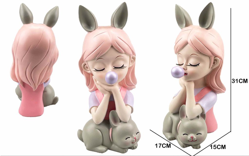 Figura Decorativa Menina com Orelhas de Coelho Cinzentas e Gatinho Cinzento