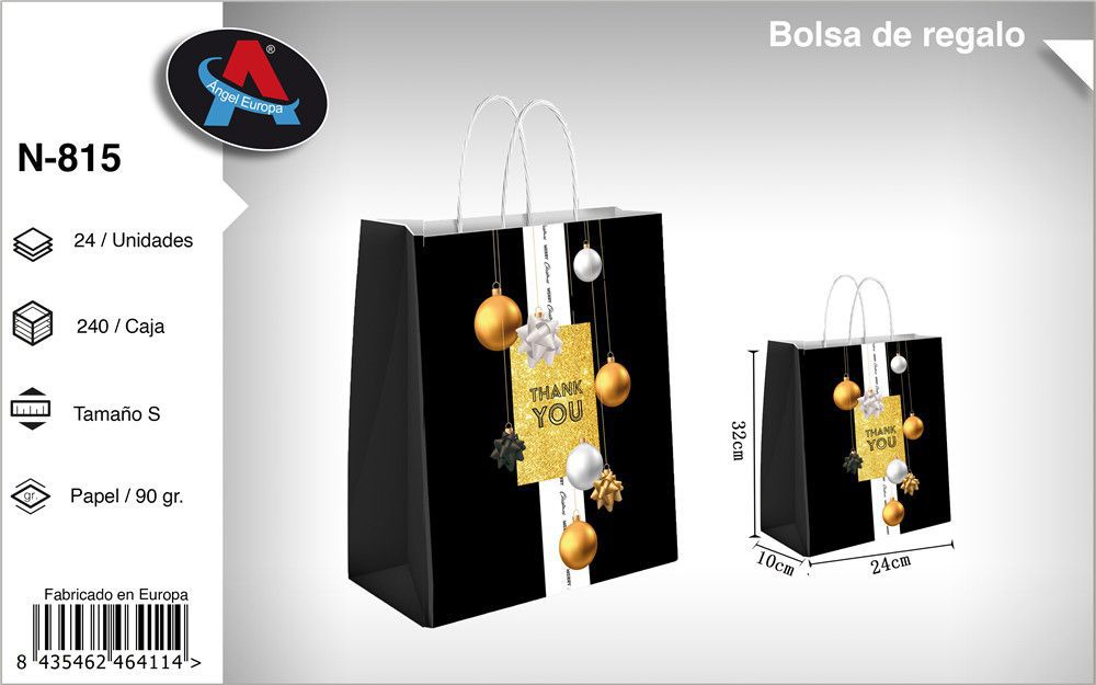 Pack 12 Sacos de Presente de Natal Thank You Preto e Dourado Tamanho S