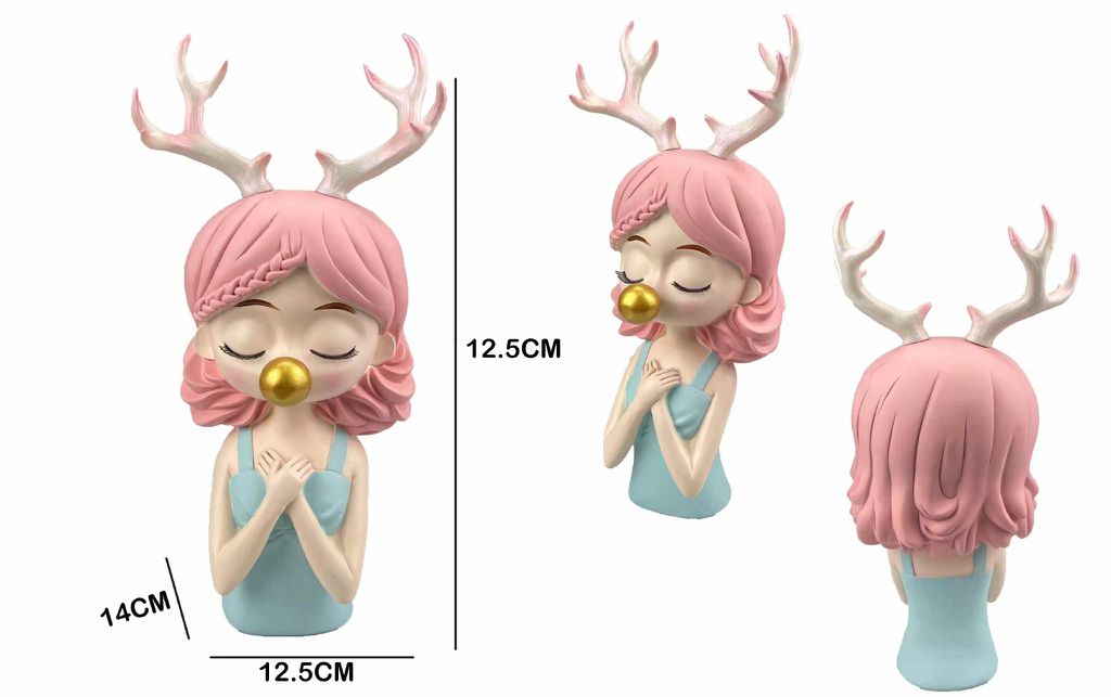Figura Decorativa Menina com Chifres de Rena Cabelo Rosa e Blusa Azul