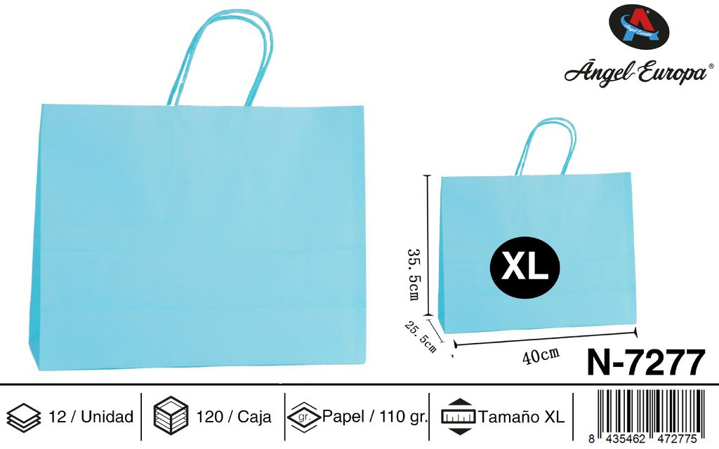 Pack 12 Sacos de Papel Horizontais Azul-Celeste XL 40 x 35,5 x 25,5 Cm
