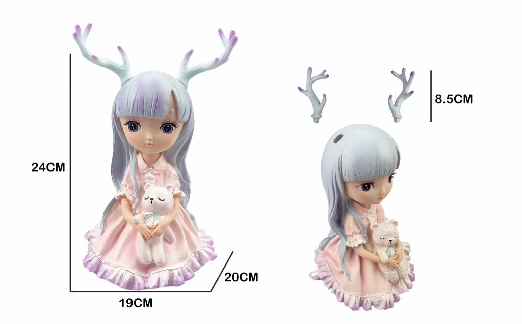 Figura Decorativa Menina com Chifres de Rena e Gatinho 15 x 25 x 27 Cm