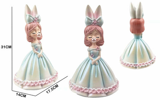 Figura Decorativa Menina com Orelhas de Coelho Vestido Azul-Claro
