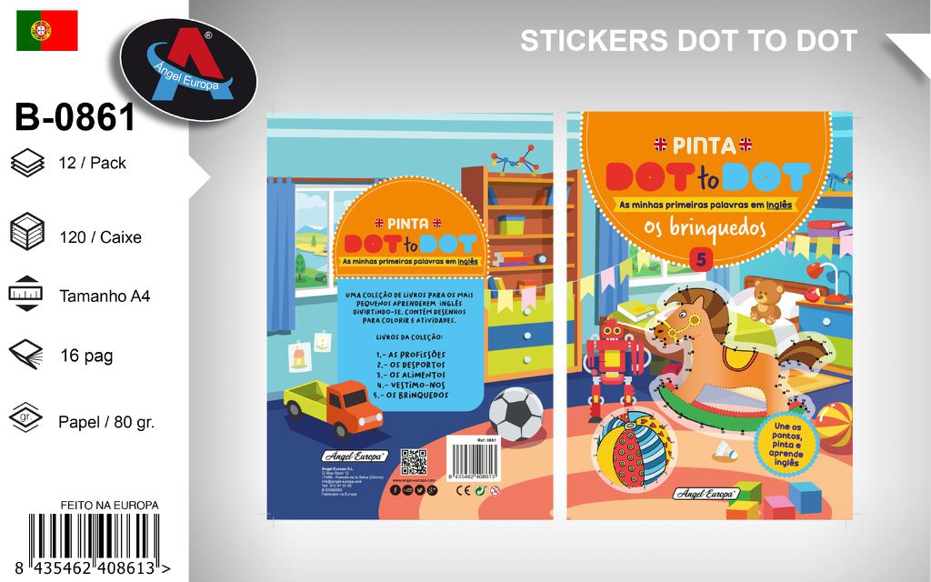 Livro Colorir Dot to Dot "As Minhas Primeiras Palavras em Inglês" Os Brinquedos