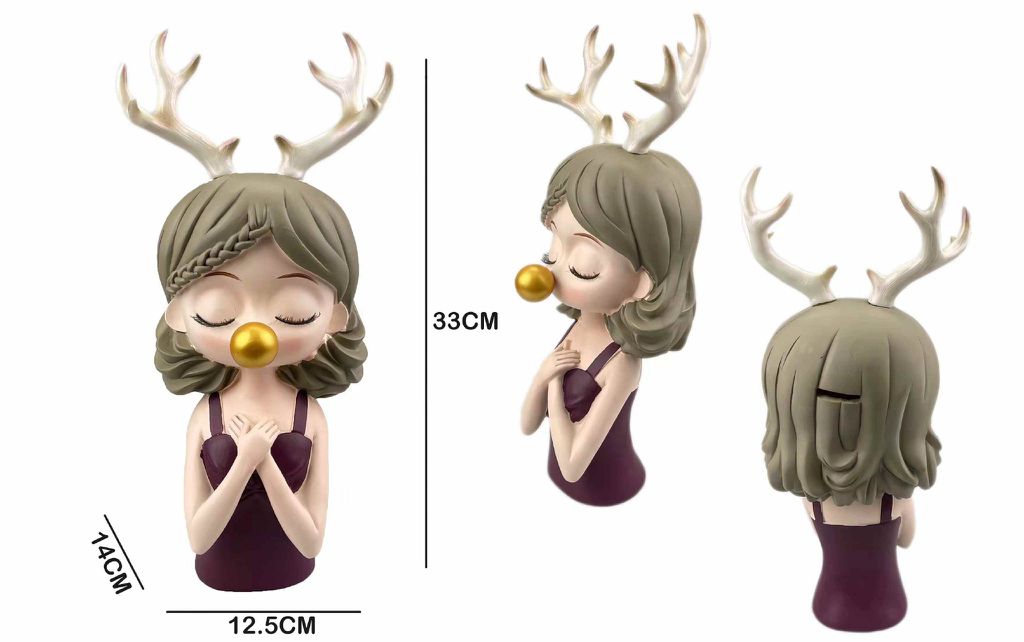 Figura Decorativa Menina com Chifres de Rena Cabelo Castanho e Blusa Bordô