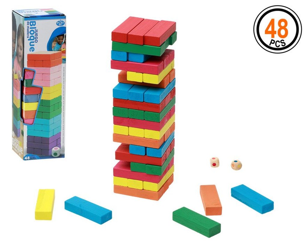 Jogo de Mesa - Torre de Blocos de Madeira 48 Peças Coloridas