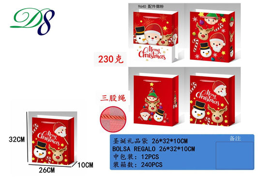 Pack 12 Sacos de Presente de Natal Bonecos Merry Christmas Vermelhos 26 x 32 x 10 Cm