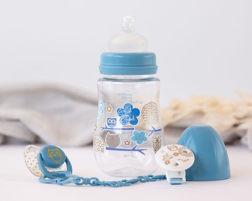 Conjunto Biberão 250 ml Azul com Chupeta e Prende-Chupetas