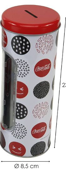 Mealheiro Lata de Metal Tema Coca-Cola 8,5 x 23 cm - Branco com Bolinhas