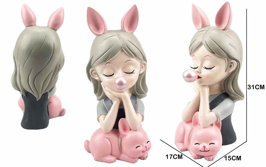 Figura Decorativa Menina com Orelhas de Coelho Cor-de-Rosa e Gatinho Rosa