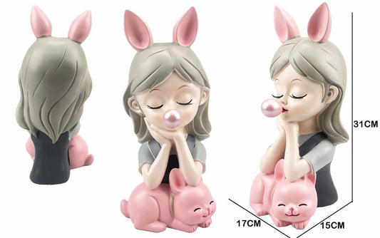 Figura Decorativa Menina com Orelhas de Coelho Cor-de-Rosa e Gatinho Rosa