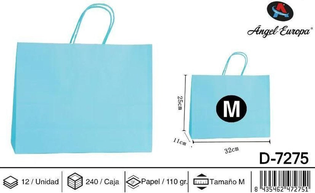 Pack 12 Sacos de Papel Horizontais Azul-Celeste M 32 x 25 x 11 Cm