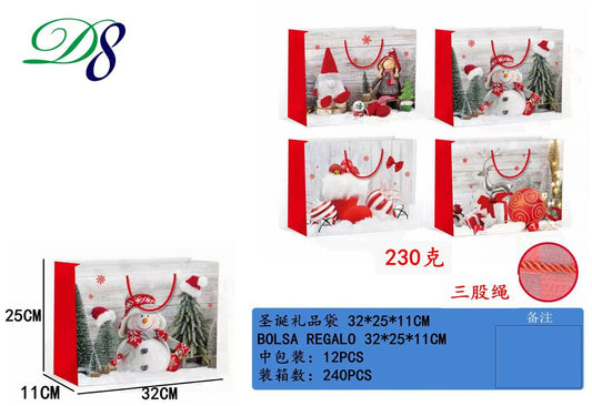 Pack 12 Sacos de Presente de Natal Boneco de Neve e Pinheiros 32 x 25 x 11 Cm