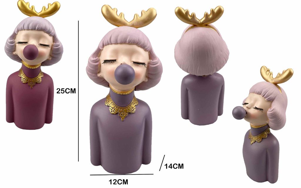Figura Decorativa Menina com Chifres Dourados e Bola de Pastilha Roxa