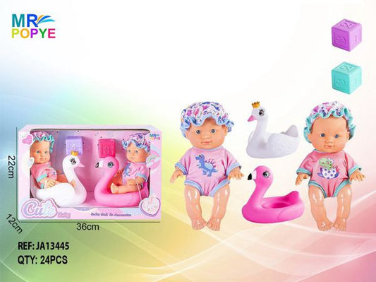 Conjunto 2 Bebés c/ Acessórios de Banho 22 x 36 Cm