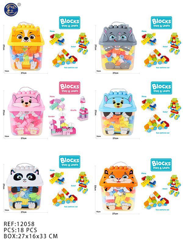 Balde de Blocos Animais 18 Peças 27 x 10 x 33 Cm (Sortido)