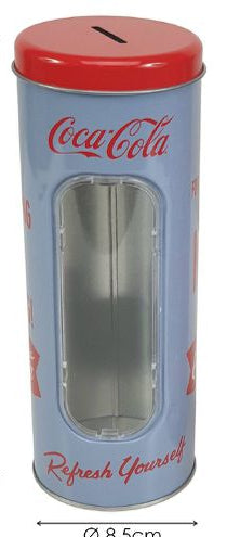 Mealheiro Lata de Metal Tema Coca-Cola 8,5 x 23 cm - Azul