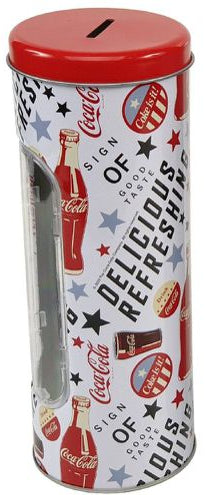 Mealheiro Lata de Metal Tema Coca-Cola 8,5 x 23 cm - Branco com Estrelas