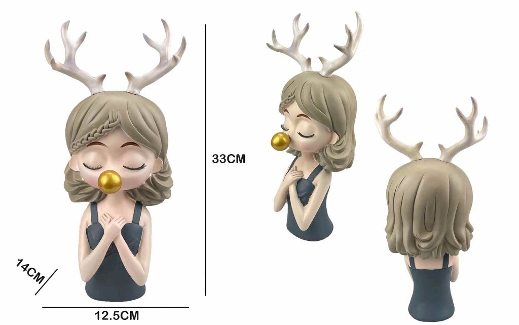 Figura Decorativa Menina com Chifres de Rena Cabelo Castanho e Blusa Cinzenta