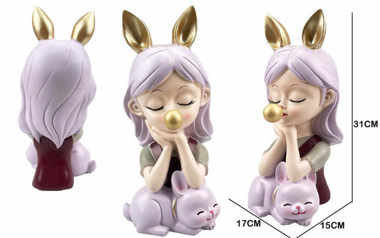 Figura Decorativa Menina com Orelhas de Coelho Douradas e Gatinho Roxo