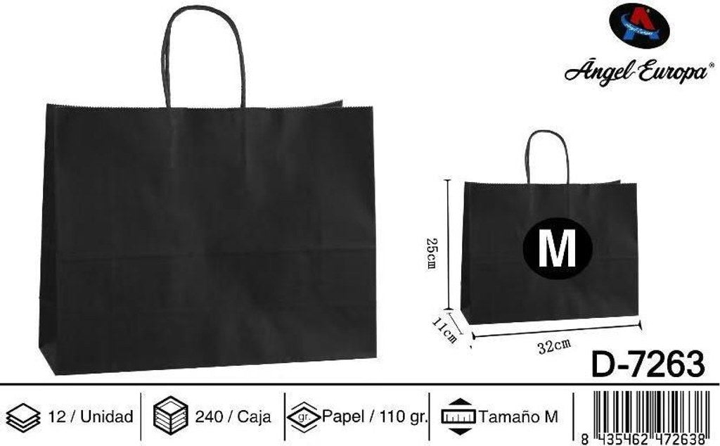 Pack 12 Sacos de Papel Horizontais Preto M 32 x 25 x 11 Cm