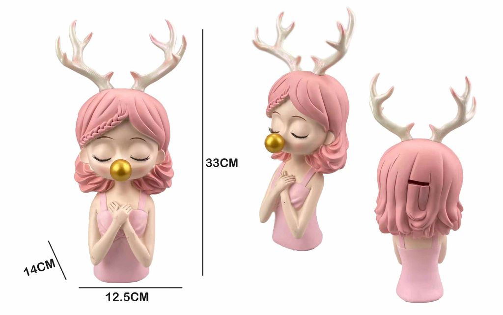 Figura Decorativa Menina com Chifres de Rena Cabelo Rosa e Blusa Rosa