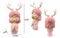Figura Decorativa Menina com Chifres de Rena Cabelo Rosa e Blusa Rosa