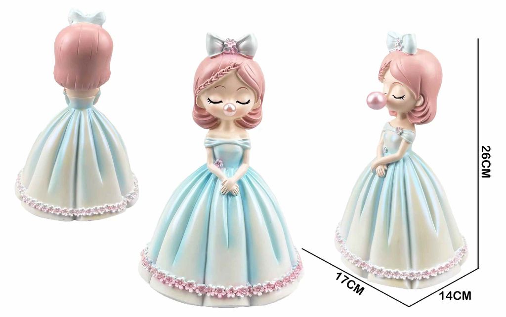 Figura Decorativa Menina com Pastilha Elástica Vestido Azul-Claro