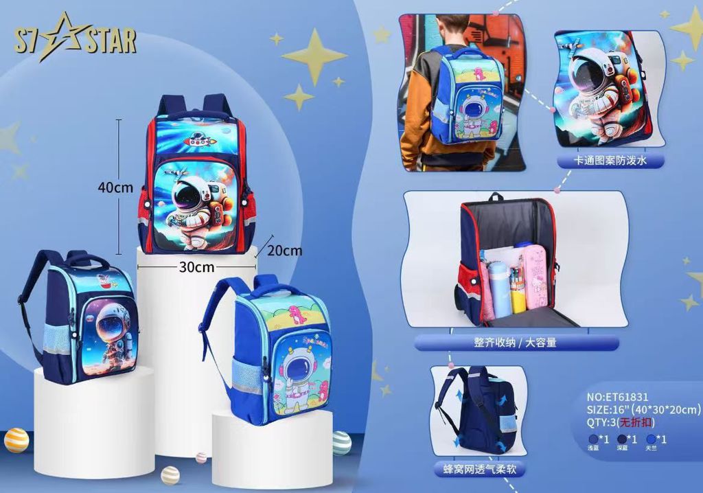 Mochila Escolar Infantil Azul Claro, Azul Escuro e Azul Céu