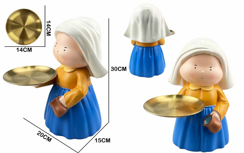 Figura Decorativa Menina com Brinco de Pérola e Bandeja Dourada 30 Cm