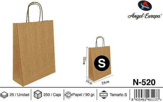 Pack 25 Sacos de Papel Kraft Natural S 24 x 32 x 10 Cm