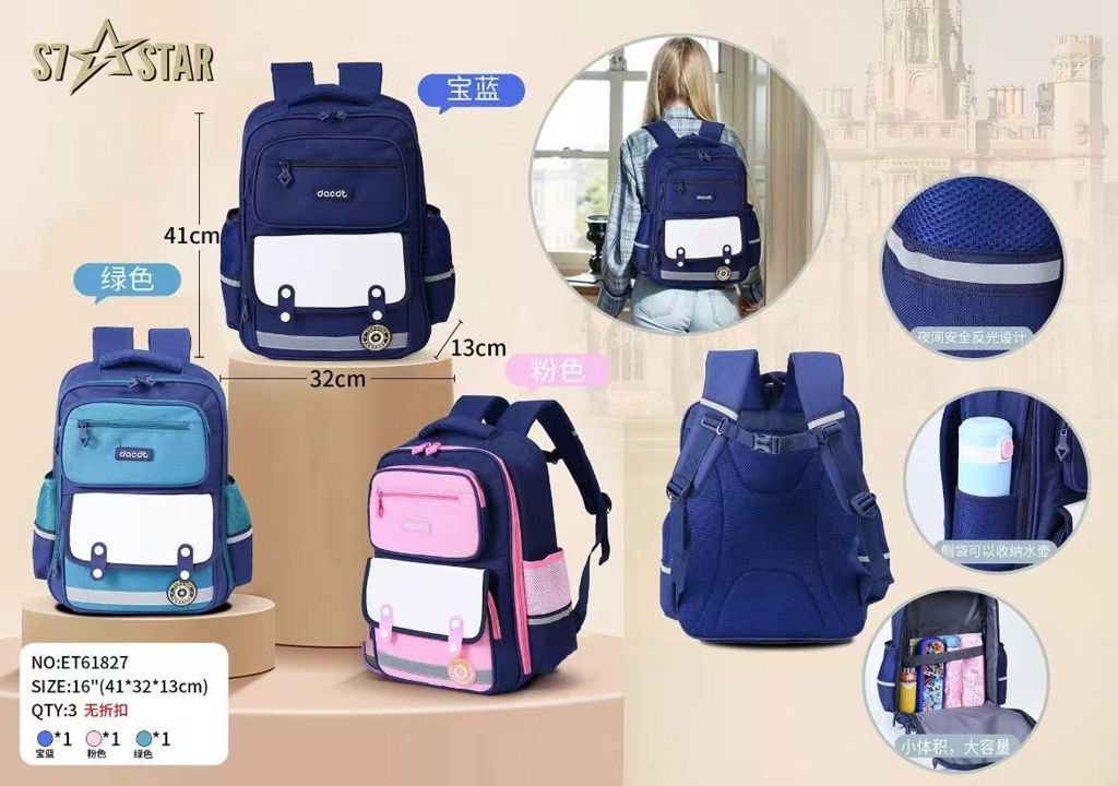 Mochila Escolar Infantil Rosa, Azul Real e Verde