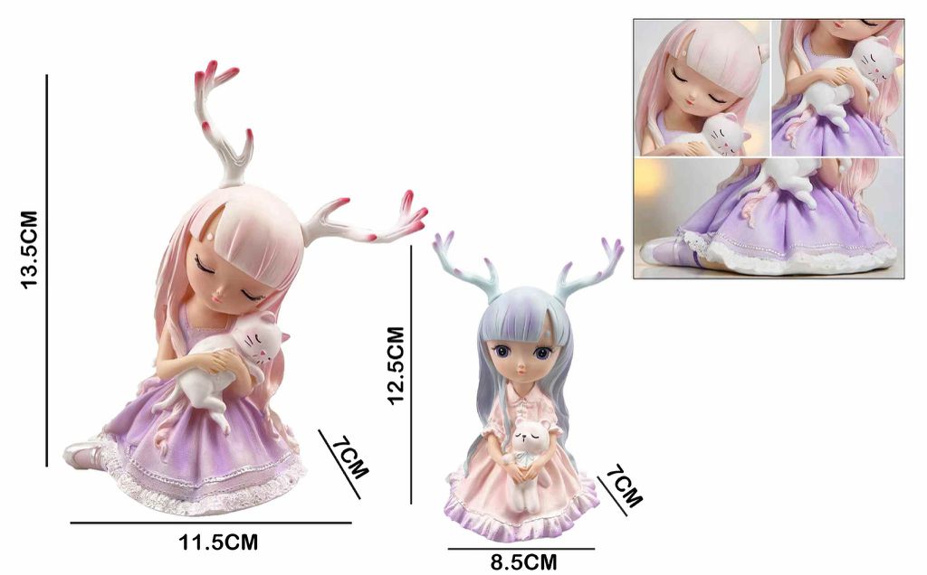 Figura Decorativa Menina com Chifres de Rena e Gatinho 7 x 11,5 x 13,5 Cm