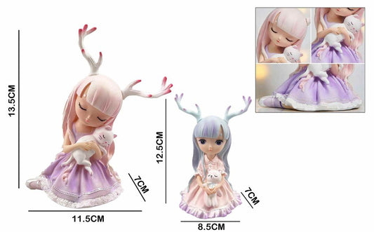 Figura Decorativa Menina com Chifres de Rena e Gatinho 7 x 11,5 x 13,5 Cm