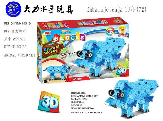 Blocos DIY 3D Rinoceronte Animal World 255 Peças
