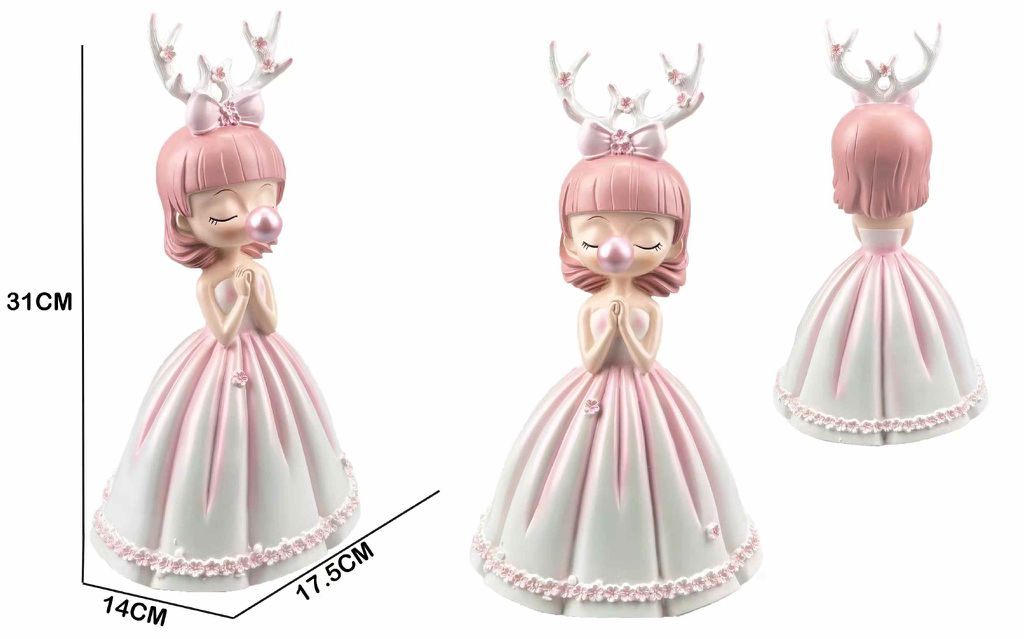 Figura Decorativa Menina com Chifres de Rena Vestido Rosa