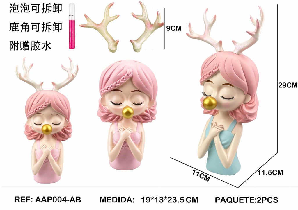 Conjunto de 2 Figuras Decorativas Menina com Chifres de Rena Cabelo Rosa