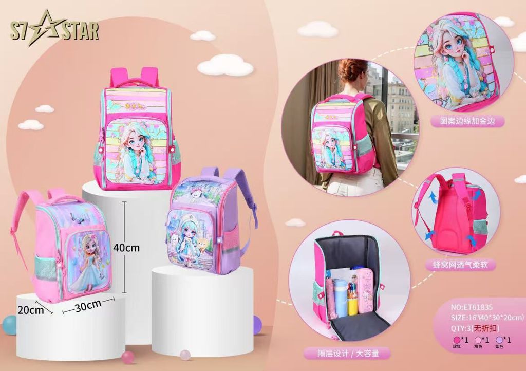 Mochila Escolar Infantil Rosa, Rosa Choque e Roxo (Modelo 3)
