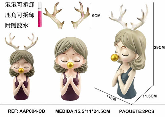 Conjunto de 2 Figuras Decorativas Menina com Chifres de Rena Cabelo Castanho