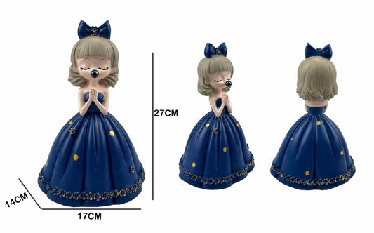 Figura Decorativa Menina com Pastilha Elástica Vestido Azul-Escuro