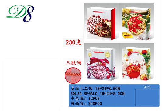 Pack 12 Sacos de Presente de Natal Bolas Vermelhas Brilhantes 18 x 24 x 8,5 Cm
