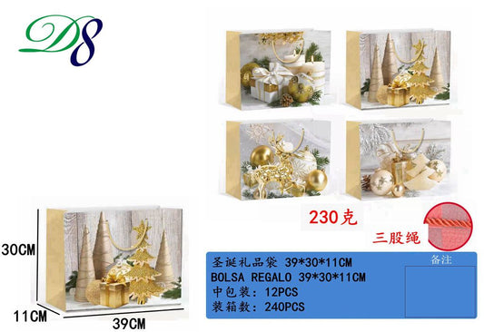 Pack 12 Sacos de Presente de Natal Árvores e Presentes Dourados 39 x 30 x 11 Cm