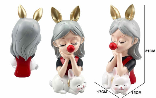 Figura Decorativa Menina com Orelhas de Coelho Douradas e Coelhinho Branco