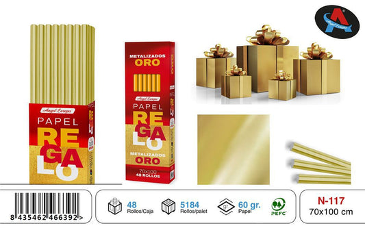Pack 48 Rolos de Papel de Embrulho Metalizado Dourado 70 x 100 Cm
