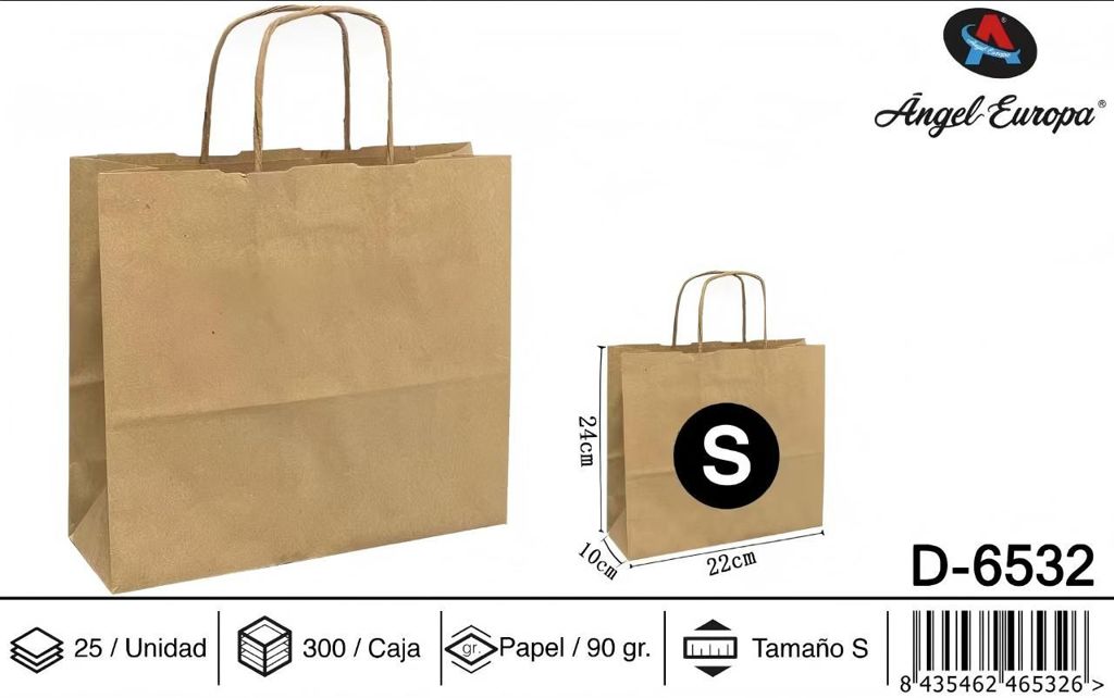 Pack 25 Sacos de Papel Horizontais Kraft Natural S 22 x 24 x 10 Cm